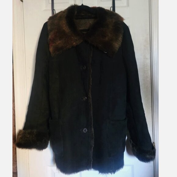 Shearling Sheepskin Wool Fur Coat Jacket Black Women L 40 Overcoat Pea Coat - Picture 3 of 15